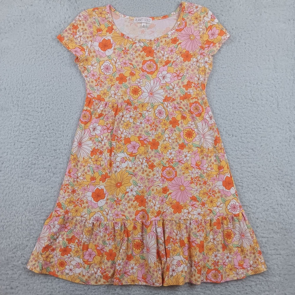 Planet Gold Dress Babydoll Womens M Orange Floral Ruffle Hem Short Sleeve Retro